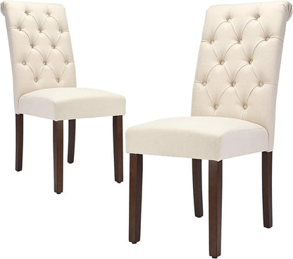 Tufted Dining Chairs Set of 2, Upholstered Parsons Dining Room Chairs, Fabric Kitchen Side Chair with Wood Legs, Beige