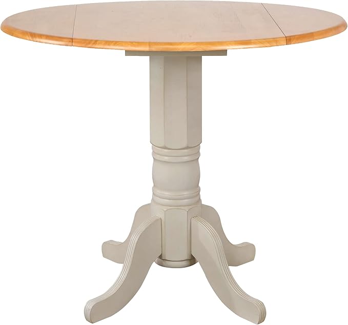 Sunset Trading Oakley Selections 42" Round Extendable Drop Leaf Counter Height Pub Table | Antique White/Light Oak Solid Wood | Seats 4 | Dining Room Kitchen Furniture