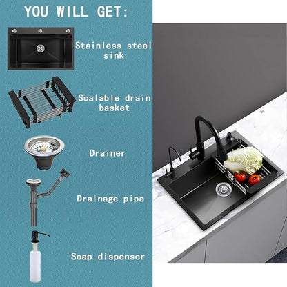 26.8 x 17.7 Inch Black Drop In Kitchen Sink,Stainless Steel Topmount Single Bowl Sink,Large Capacity Utility Workstation Sink With Soap dispenser & Drain Basket