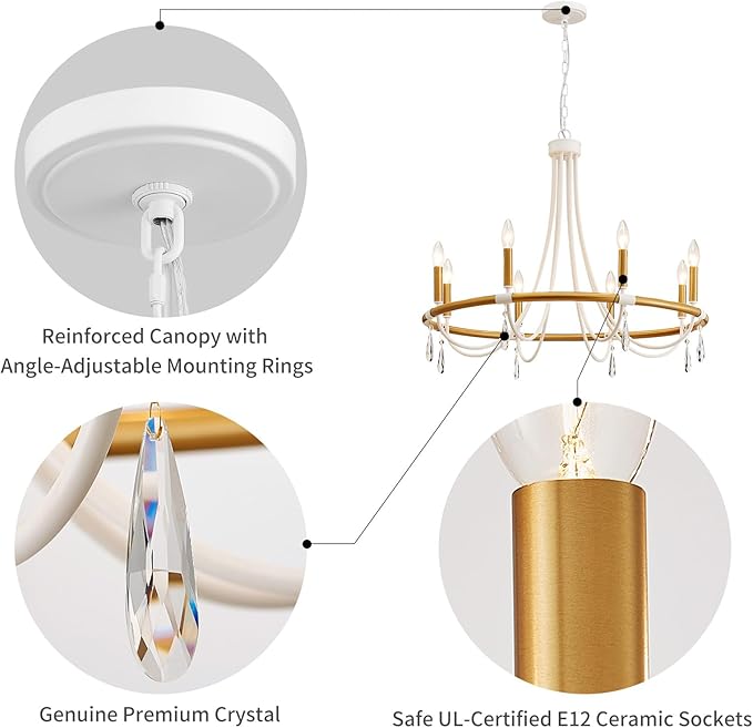 WUZUPS Wagon Wheel Chandelier Rustic Farmhouse Industrial Round Pendant Light Fixture with Clear Crystal for Dining Room Kitchen Island, H 28.3" x W 30.3", E12 Base, Gold White