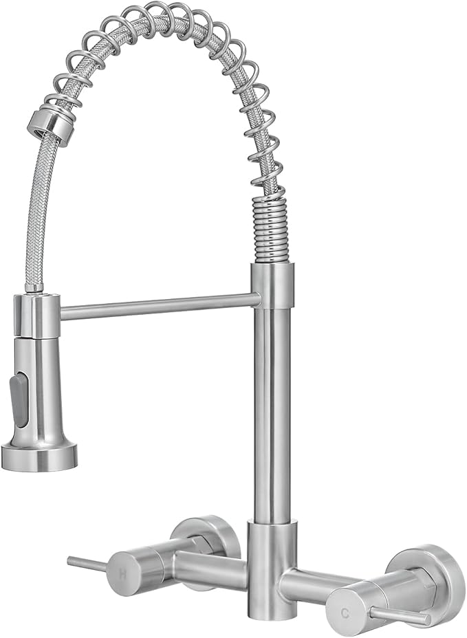 AIMADI Wall Mount Kitchen Faucets, 8-Inch Center Wall Mount Kitchen Sink Faucet with Pull-Down Sprayer,Modern Stainless Steel Design Double Lever Control
