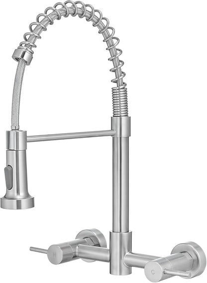 AIMADI Wall Mount Kitchen Faucets, 8-Inch Center Wall Mount Kitchen Sink Faucet with Pull-Down Sprayer,Modern Stainless Steel Design Double Lever Control