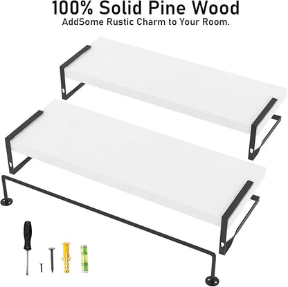 White Wood Floating Shelves Wall Mounted - 2+1 Tier Rustic Bathroom Wall Shelves Over Toilet with Towel Bar, Natural Wood Set of 2 Farmhouse Floating Shelf for Bathroom, Kitchen, Bedroom.
