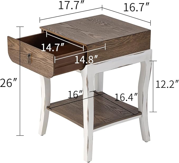 SUNBURY Nightstand with Drawer & Open Storage Shelf, Vintage Wood Grain Bedside Table for Living Room, Bedroom, Office, and Corners (Rustic Brown & White)