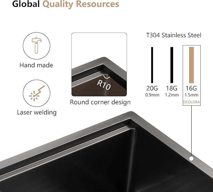 Dcolora 27" Gunmetal Black Stainless Steel Undermount Kitchen Sink Workstation - 16 Gauge Single Bowl Basin (27"x19"x10"), DC-U7707