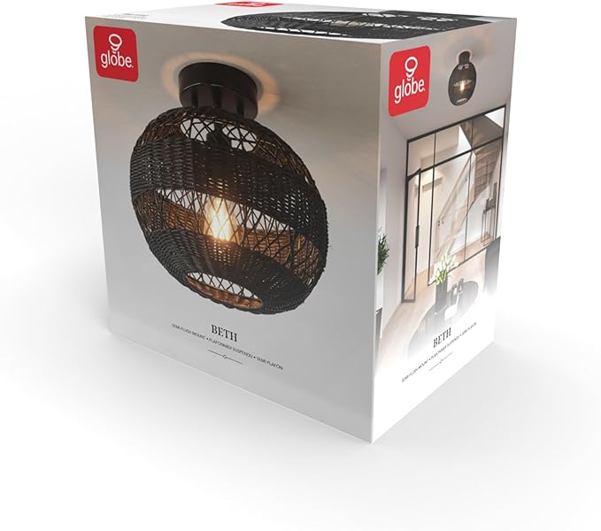 GLOBE Electric 66000071 1-Light Semi-Flush Mount Ceiling Light, Matte Black, Rattan Shade, Bedroom Lighting Fixtures Ceiling, Dining Room Fixture, Timeless Lighting for Hallway or Dining Room