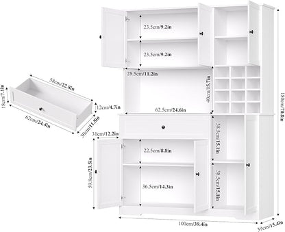 FINETONES Pantry Cabinet with 7-Color LED Light and Charging Station, 71" Tall Kitchen Pantry Cabinet with Microwave Stand, Modern Kitchen Hutch with Storage Drawer for Dining Room, White