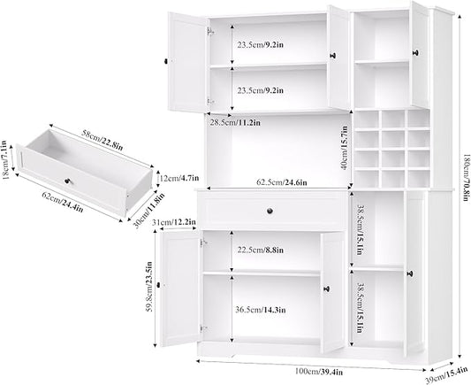 FINETONES Pantry Cabinet with 7-Color LED Light and Charging Station, 71" Tall Kitchen Pantry Cabinet with Microwave Stand, Modern Kitchen Hutch with Storage Drawer for Dining Room, White