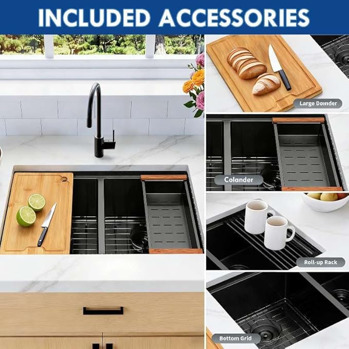 32 Inch Black Sink Undermount Double Bowl, 16 Gauge 50/50 Double Bowl Stainless Steel Workstation Sink, 32"x19"x10" Large and Deep Kitchen Sink With Accessories