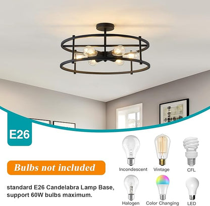 hesoge Large Semi Flush Mount Ceiling Light Fixture Black Cage Ceiling Light 6 Light Chandelier for Kitchen Dining Room Entryway Living Room Bedroom Foyer
