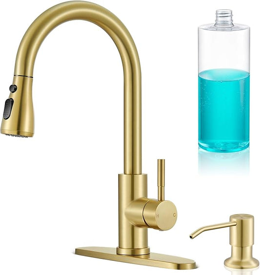 Brushed Gold Kitchen Faucets with Soap Dispenser, High Arc Single Handle Stainless Steel Kitchen Sink Faucet for 1 or 3 Hole, Ideal for Farmhouse RV Laundry Bar Camper & Commercial