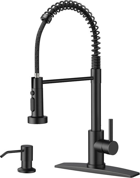 FORIOUS Black Kitchen Faucet with Soap Dispenser, Stainless Steel Kitchen Sink Faucet with Pull Down Sprayer Single Handle Modern Spring Commercial for Laundry Utility Room RV Camp Bar Farmhouse