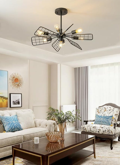 Modern Farmhouse Chandelier,28 Inch Black Metal Geometry Rustic Vintage Semi Flush Mounted Ceiling Light Fixture for Dining Room Bedroom Kitchen Island Hallway Foyer Entryway(7-Light)