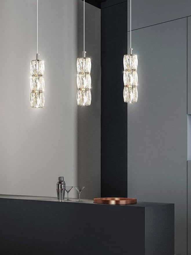 ykolupty Pendant Lights Kitchen Island Single Head Chrome Crystal Island Lights Dining Foyer Entrance Modern Chandeliers LED Dimmable 2700-6000K