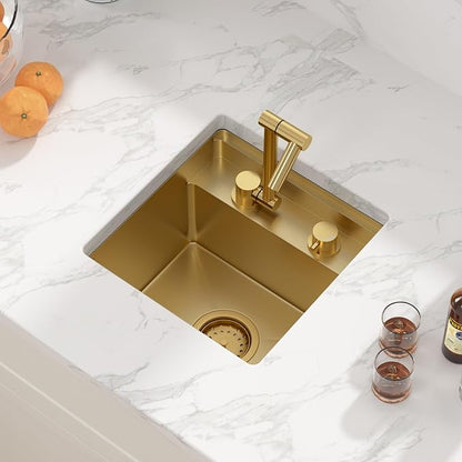 Sarlai Outdoor Sink, 15x15 Inch Gold Undermount Kitchen Sink Workstation with Foldable Faucet Bar Prep Single Bowl Gold Kitchen Sinks16 Gauge Stainless Steel BBQ Sinks with Cover 15"x15"x9"