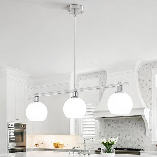 Modern Kitchen Island Lighting 3 Light Brushed Nickel Chandelier With Milk Glass Shades Farmhouse Linear Chandeliers for Dining Room Light Fixtures Over Table Hanging Pendant Lights for Living Room