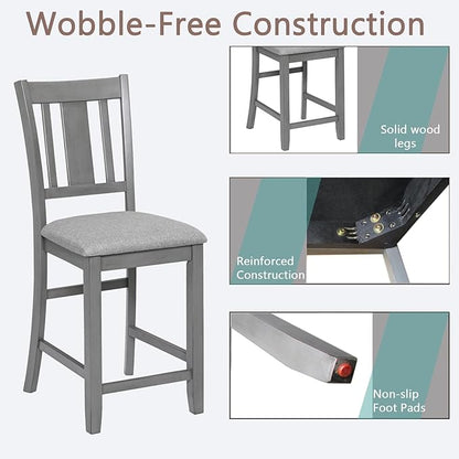 Set of 4 Dining Chairs, Wooden Kitchen Chairs with Padded Cushion, Upholstered Stools for Kitchen Island, Dining Room, Living Room, Easy Assembly (Gray - Slatted backrest)