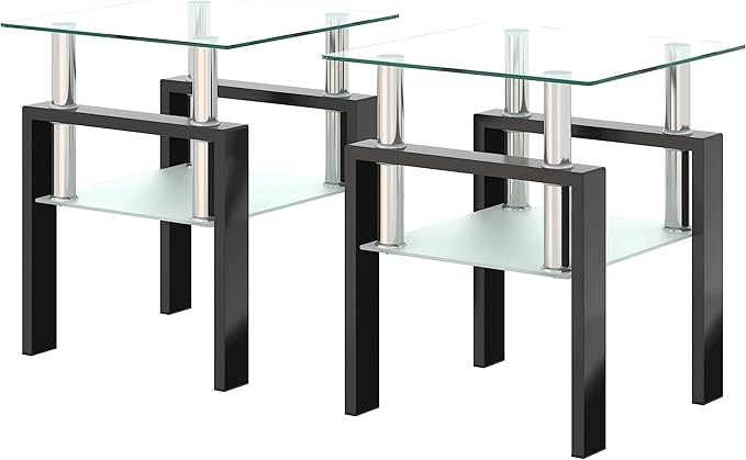 Set of 2 Glass End Table, Glass Side Table with Tempered Glass Top & Metal Legs, Living Room Table Modern Square Tea Table Side Tables 2-Layer for Living Room