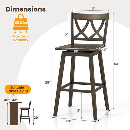 Giantex 29" Bar Stools Set of 2, Swivel Wooden Bar Chairs with Rubber Wood Frame, Footrest & Ergonomic Backrest, Bar Height Barstools for Kitchen Island, Restaurant & Pub, Dark Grey