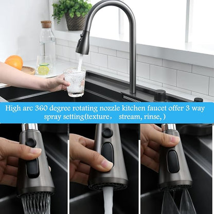 33 Inch Black Waterfall Drop In Kitchen Sink Workstation -Bokaiya 33x19 Black Stainless Steel Smart Sink with Faucet Combo 16 Gauge 10" Deep Top Mount Single Bowl Modern Kitchen Sink