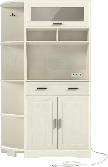 DWVO Kitchen Pantry Cabinet with Drawer, 67" Farmhouse Baker Rack with Power Outlets, Buffet Sideboard w/Microwave Stand, Cupboard Hutch Storage Cabinet for Kitchen, Living Room, Dining Room (White)