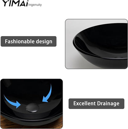 YIMAI Black Glass Vessel Sink 16.5" x 16.5" x 5.5" – Tempered Glass Above Counter Round Bathroom Sink Bowl Countertop Modern Sinks with Faucet and Drain Combo, Easy Install for Master or Powder Room