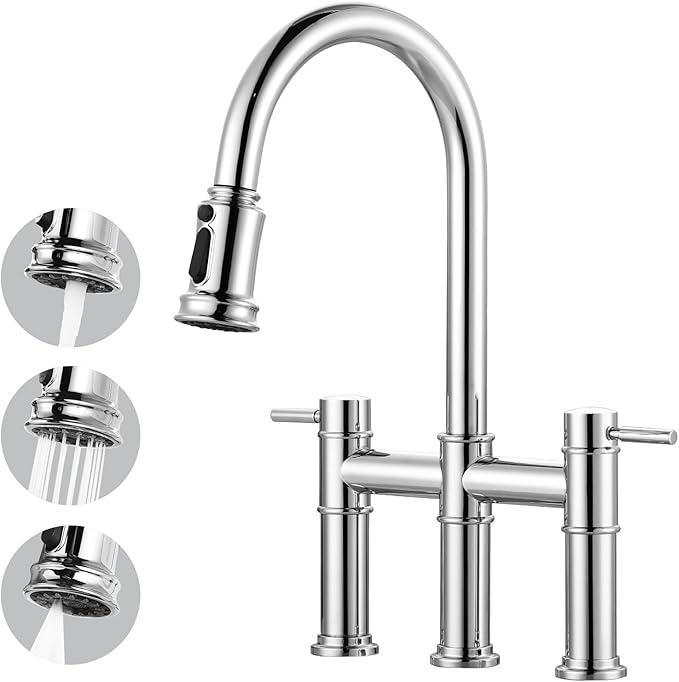 Bridge Faucet for Kitchen Sink: iVIGA Chrome Farmhouse 3 Hole Kitchen Faucet with Pull Down Sprayer (3 Spray Modes) - 2 Handle High Arc Brass Faucet with 360° Swivel, with Supply Lines