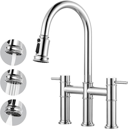 Bridge Faucet for Kitchen Sink: iVIGA Chrome Farmhouse 3 Hole Kitchen Faucet with Pull Down Sprayer (3 Spray Modes) - 2 Handle High Arc Brass Faucet with 360° Swivel, with Supply Lines