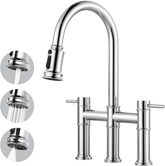 Bridge Faucet for Kitchen Sink: iVIGA Chrome Farmhouse 3 Hole Kitchen Faucet with Pull Down Sprayer (3 Spray Modes) - 2 Handle High Arc Brass Faucet with 360° Swivel, with Supply Lines