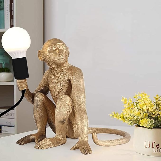 LOYALHEARTDY Modern Table Light Monkey Desk Lamp Resin Sitting Monkey Lighting Fixture for Living Room, Bedroom, Office, College Dorm Decoration (Gold, Table Lamp)