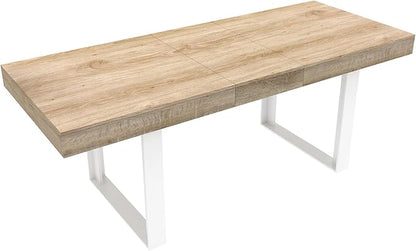 63" - 79" Extendable Dining Room Table, Expandable Kitchen Table for 6 to 10 People, Modern Wood Conference Table, Large Farmhouse Dining Table(White Oak, Double-U Base)