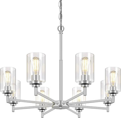 33.5'' 8-Light Chandelier for Dining Room Kitchen Island, Modern Farmhouse Pendant Lighting with Glass Shades Industrial Brushed Nickel Hanging Ceiling Light Fixture for Living Room, Height Adjustable