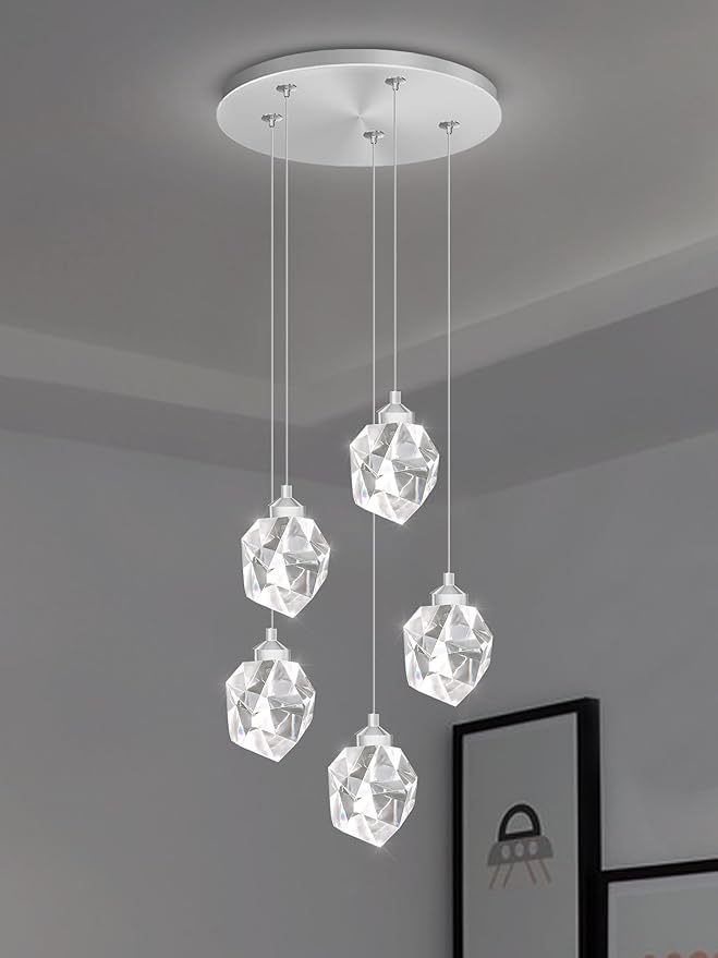 5-Light Cluster Crystal Raindrop Pendant Lights- 25W LED Dimmable Hanging Light Fixture Chandelier for Kitchen Island, Dining Room Living Room