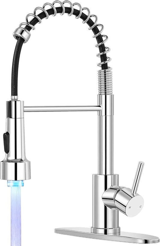 Kitchen Faucet with LED Pull Down Sprayer,Commercial Single Handle Stainless Steel Kitchen Faucets with Deck Plate (Chrome)