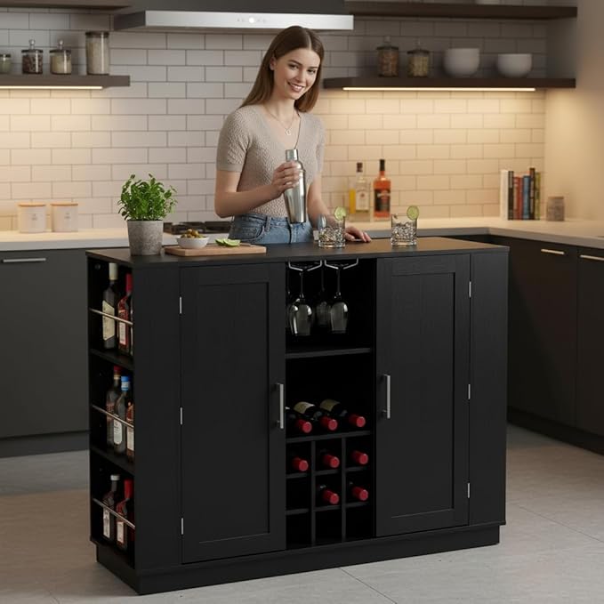 47.2" Kitchen Island with Drop Leaf & Power Outlet, Wine Bar with Bottle Rack & Glass Holder, 2-Door Buffet Sideboard with Side Shelves for Dining Room (Black-85R)