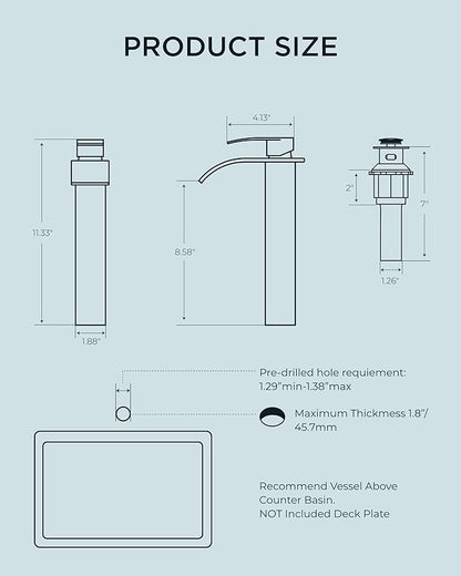 FORIOUS Waterfall Bathroom Vessel Sink Faucets with Metal Pop up Drain and Lead-Free cUPC Hose, Chrome Single Handle Tall Bathroom Faucet 1 Hole, 11inch for Bath,Vessel