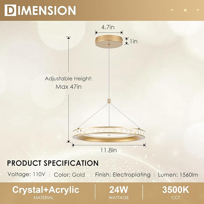 CHYING 3 Pack Modern Gold LED Crystal Pendant Light, 11.8" 24W 3500K Warm White Hanging Pendant Light Kitchen Island, Ring Ceiling Lights for Bedroom Dining Room Hallway