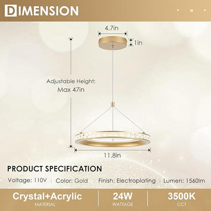 CHYING 3 Pack Modern Gold LED Crystal Pendant Light, 11.8" 24W 3500K Warm White Hanging Pendant Light Kitchen Island, Ring Ceiling Lights for Bedroom Dining Room Hallway