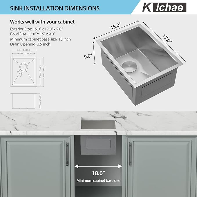 Kichae 15 Inch Undermount Sink Stainless Steel Bar Prep Sink 15x17 Undermount Single Bowl 16 Gauge Stainless Steel RV Kitchen Sinks Handmade Round Corner