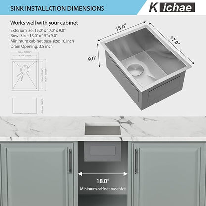 Kichae 15 Inch Undermount Sink Stainless Steel Bar Prep Sink 15x17 Undermount Single Bowl 16 Gauge Stainless Steel RV Kitchen Sinks Handmade Round Corner