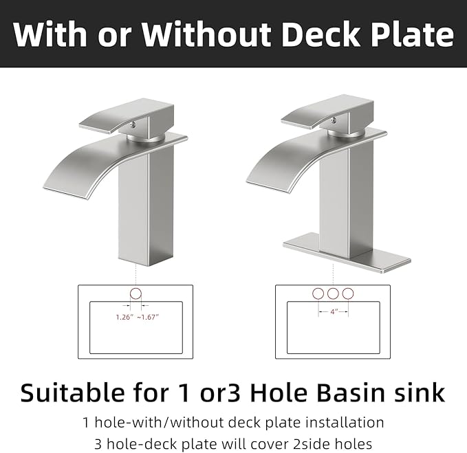 Ryuwanku Bathroom Faucet Brushed Nickel Modern Waterfall Bathroom Sink Faucet with Single Handle Suitable for 1 or 3 Holes,Supply Deck Plate and Hose