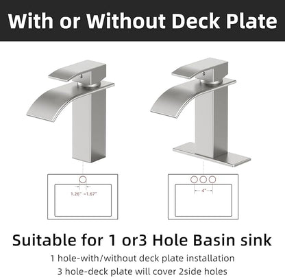 Ryuwanku Bathroom Faucet Brushed Nickel Modern Waterfall Bathroom Sink Faucet with Single Handle Suitable for 1 or 3 Holes,Supply Deck Plate and Hose