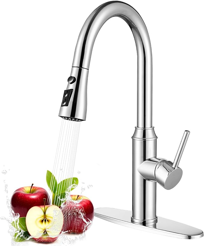 Kitchen Faucet with Pull Down Sprayer, Chrome Faucet for Kitchen Sink Stainless Steel Kitchen Faucets, Single Handle 1 or 3 Hole Faucet with Escutcheon for RV, Outdoor, Laundry & Bathroom Sink