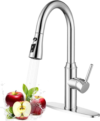 Kitchen Faucet with Pull Down Sprayer, Chrome Faucet for Kitchen Sink Stainless Steel Kitchen Faucets, Single Handle 1 or 3 Hole Faucet with Escutcheon for RV, Outdoor, Laundry & Bathroom Sink