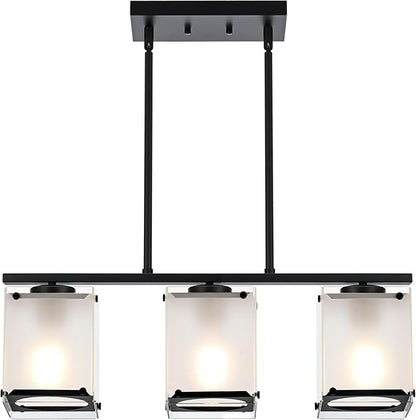 3-Light Dining Room Light Fixture Kitchen Island Lighting with Frosted Glass Shade Linear Black Chandelier Pendant Lighting Over Table for Dining Table Kitchen Island, Adjustable Height