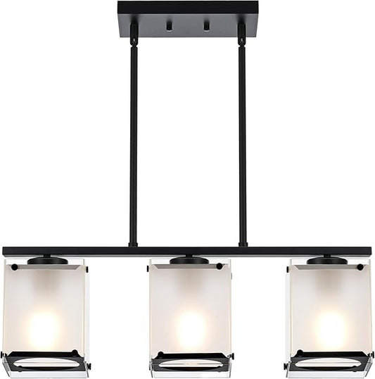 3-Light Dining Room Light Fixture Kitchen Island Lighting with Frosted Glass Shade Linear Black Chandelier Pendant Lighting Over Table for Dining Table Kitchen Island, Adjustable Height