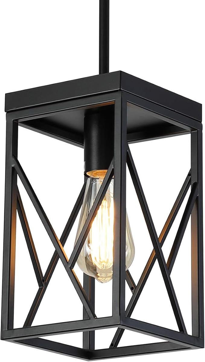 Modern Black Pendant Light with Metal Cage, One-Light Adjustable Rods Industrial Mini Pendant Lighting Fixture for Kitchen Island Cafe Bar Farmhouse, Black