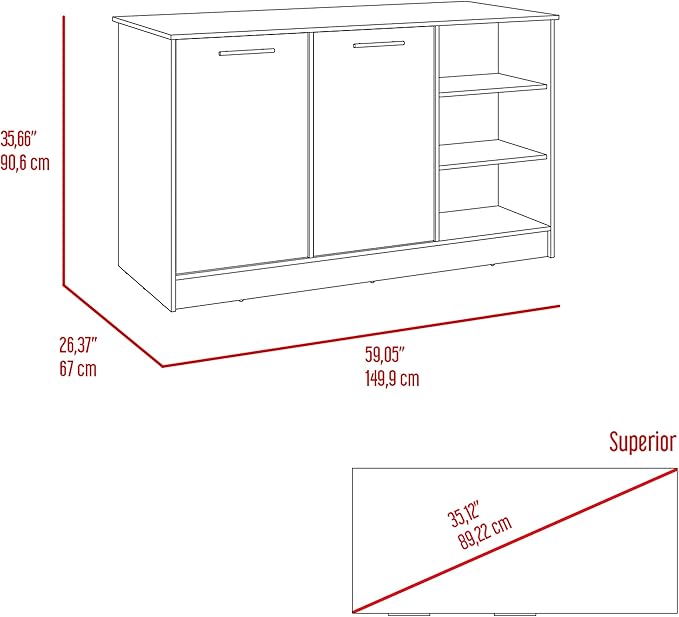 GOWE Ginger Kitchen Island, Three Open Shelves, Two Cabinets -White/Dark Brown