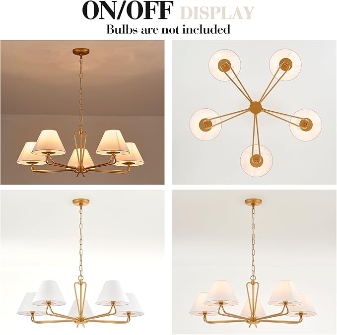 VILUXY Modern Gold Chandelier 5-Light Farmhouse Chandelier with White Fabric Shade 35’’ Large Dining Room Light Fixture Adjustable Pendant Lighting for Kitchen Island Living Room, UL Listed
