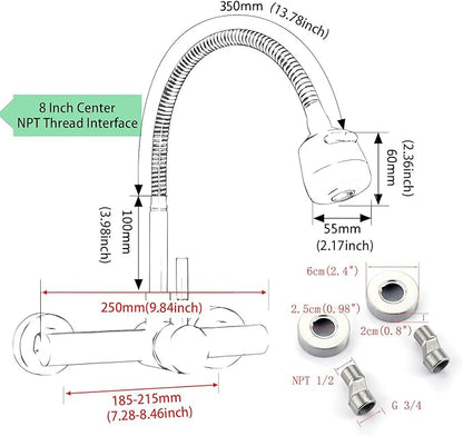 Wall Mount Kitchen Sink Faucet 8 Inch Center with Flexible Sprayer,Stainless Steel Mixer Tap with Dual Function Sprayer,Nickel Brushed Unility Sink Faucet